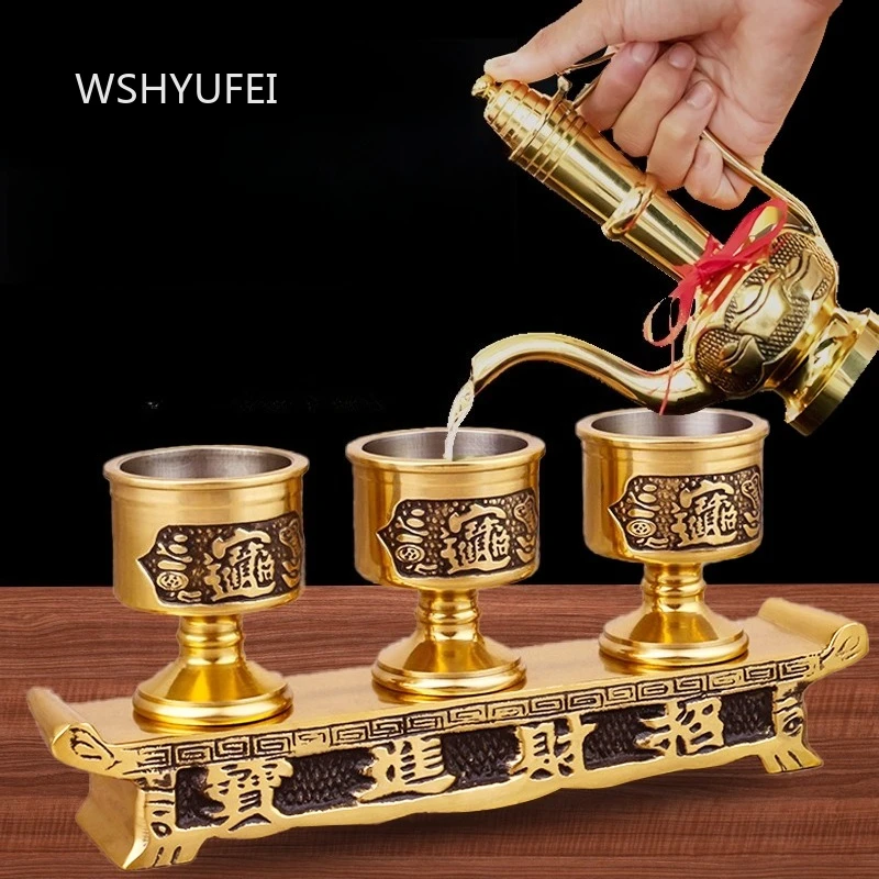 Brass Wine Cup Offering A Water Cup in Front of The Buddha Buddha Statue Pedestal in The Buddhist Temple Desktop Wine Glass
