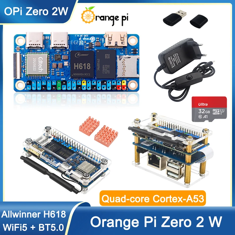 Orange Pi Zero 2 W 4GB 2GB 1.5GB 1GB RAM Allwinner H618 Quad-core Cortex-A53 Mini PC WiFi5 + BT5.0 BLE Optional Case Adapter