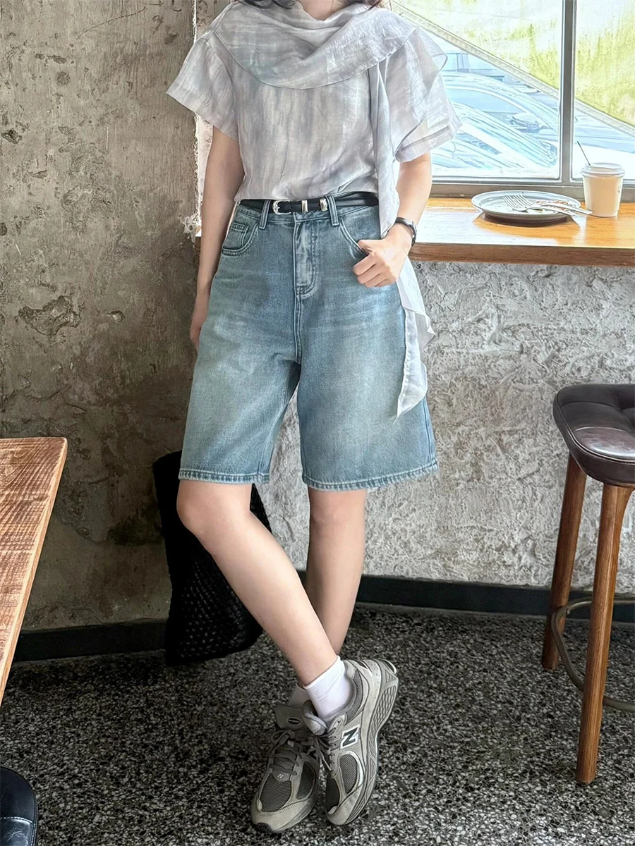 

Джинсы женские летние с высокой талией, А-силуэт, широкие прямые штанины, повседневные, синие, больших размеров