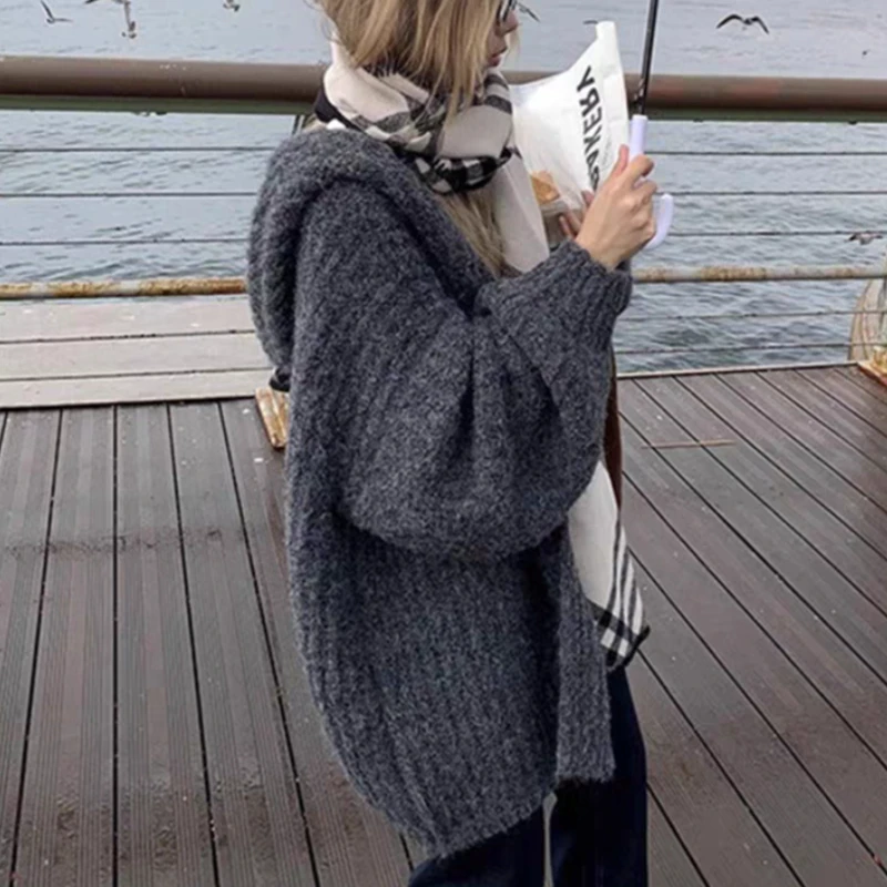 سترة بقلنسوة مفتوحة من الأمام مكتنزة للنساء سترة طويلة مريحة بغطاء للرأس معطف نسائي كاجوال أنيق للخريف والشتاء