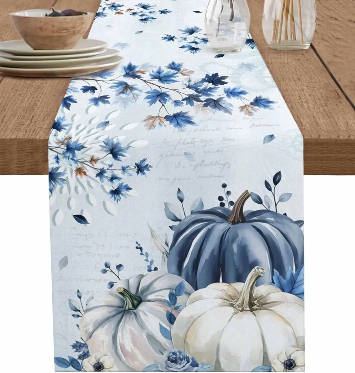 Fall Blue Pumpkins Maple Leaf Linen Table Runner Party Decor Reusable Kitchen Dining Table Runner Autumn Thanksgiving Decoration