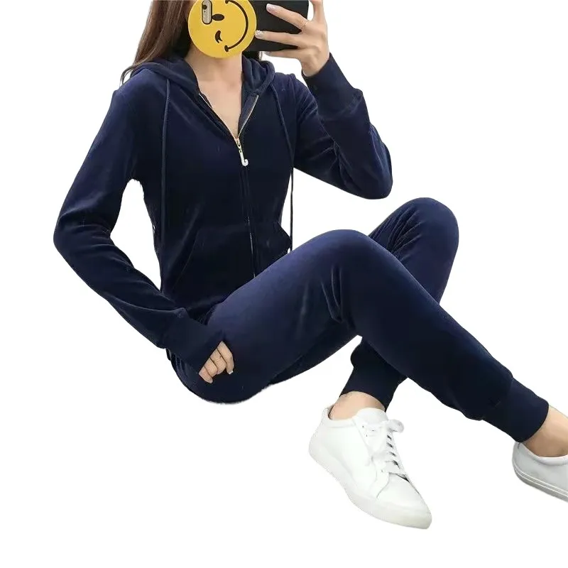 Spring Autumn Juicy Velet Tracksuits Clothes Hooded Sweatshirts Zipper Tops Joggers Pencil Pants Women 2 Piece Set S-2XL