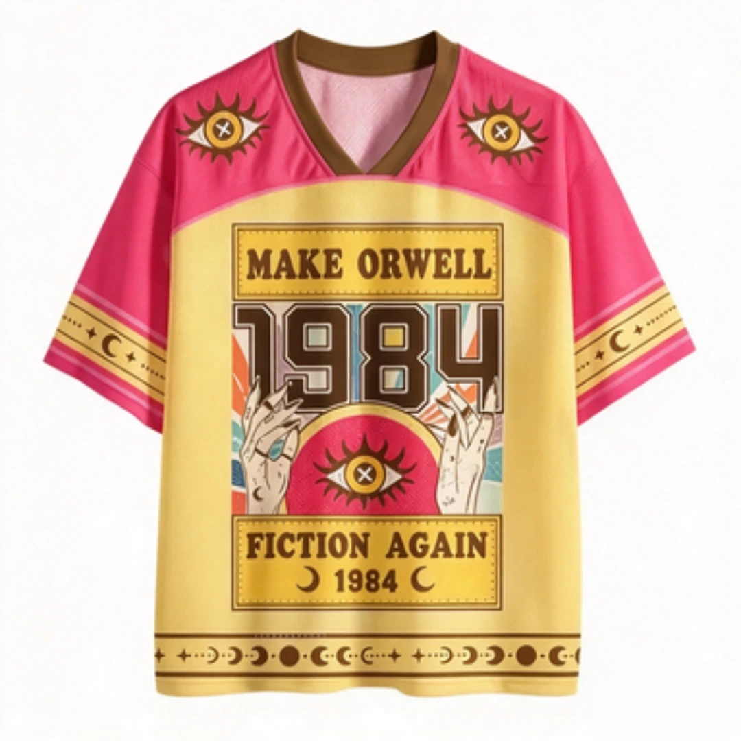 Retro 1984 Orwell Quote Ice Vision Eye V-neck Mesh Jersey Moon Phase Eye Print Loose Short Sleeved T-shirt