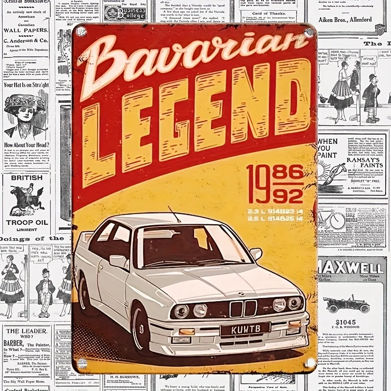Vintage Bavarian Legend 1986 Metal Tin Sign Retro Wall Art with Classic Car Illustration, Perfect for Home,Garage,Bar,Cafe Decor