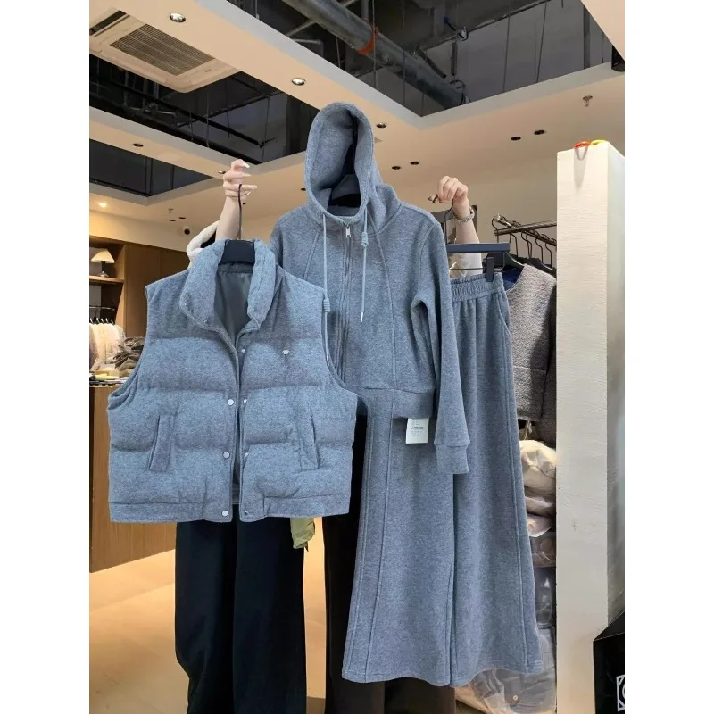 

Высококачественная женская осенне-зимняя новая короткая толстовка в спортивном стиле с толстым жилетом без рукавов, комплект из трех предметов для женщин, мода