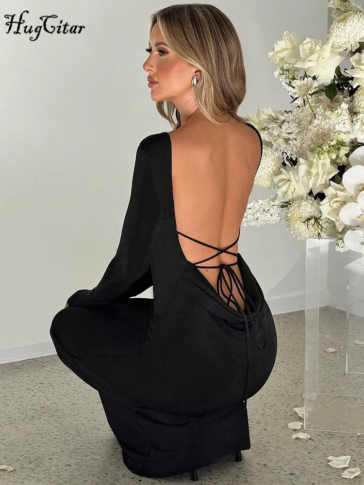 فستان طويل مكشكش من الدانتيل للنساء ، أكمام طويلة ، ملابس عارية الذراعين ، مثير ونحيف ، حفلة مسائية وحفلات زفاف ، أنيقة وأحادية اللون ، خريف