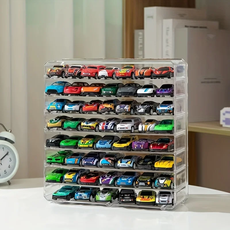 Contemporary Style Plastic Display Stand for Model Cars, Multi-Layer Transparent Storage Organizer with Dividers