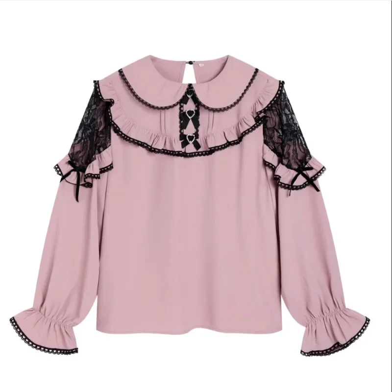 

High Street Sweet Kawaii Unique Bottoming Blouses Turn Down Collar Chic Buttons Bowknot Blusas Lace Patchwork Loose Shirts