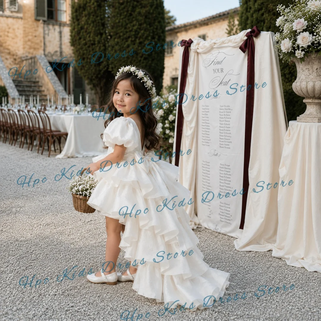 Custom White Tiered Tulle Flower Girl Dress Wedding High-Low Puff Sleeve Gown for Birthday Party Kids Formal Wear