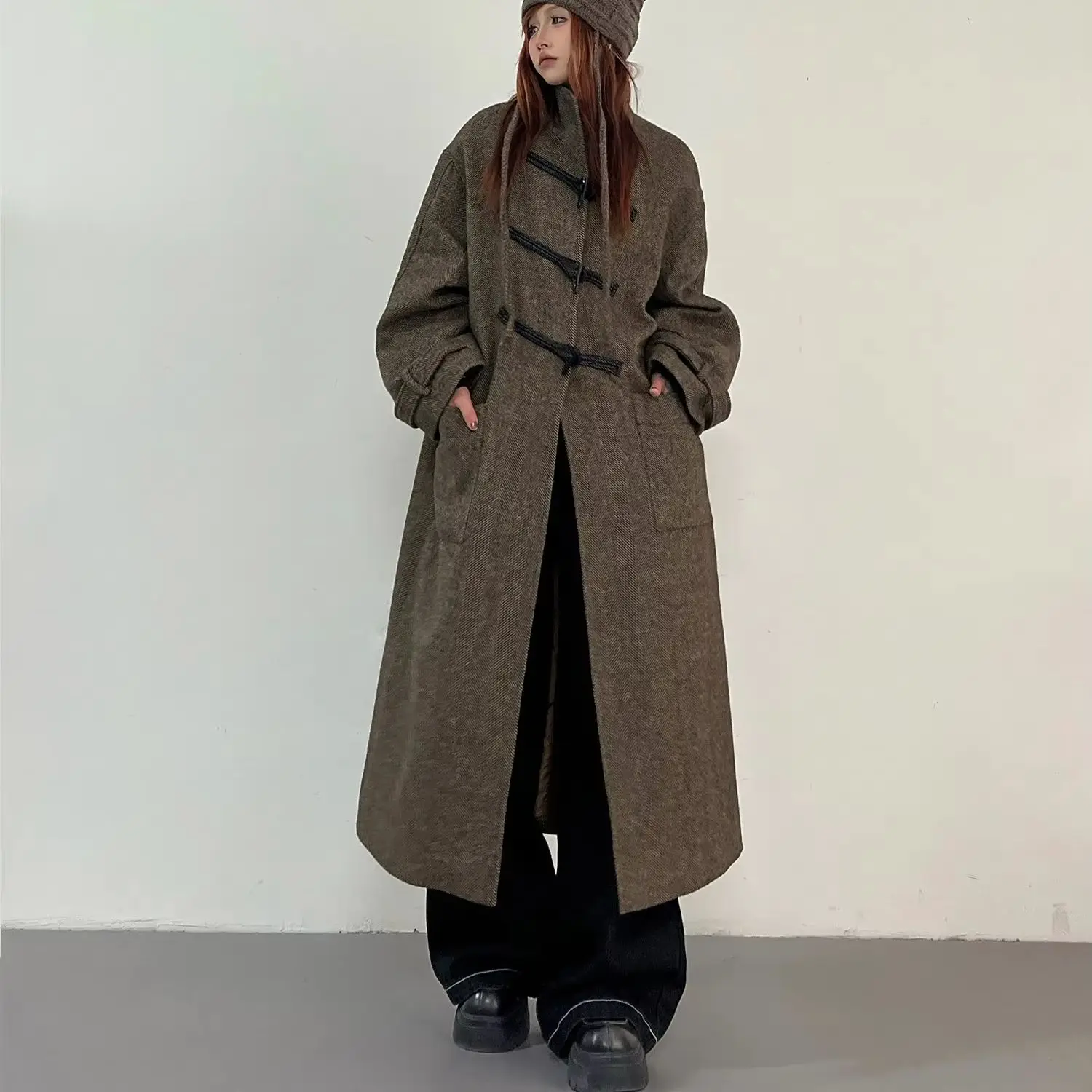 IG Women Brown Herringbone Stand Collar Toggle Duffle Long Wool Coat, Oversized Side Pockets Cuff Straps, Winter Vintage Casua