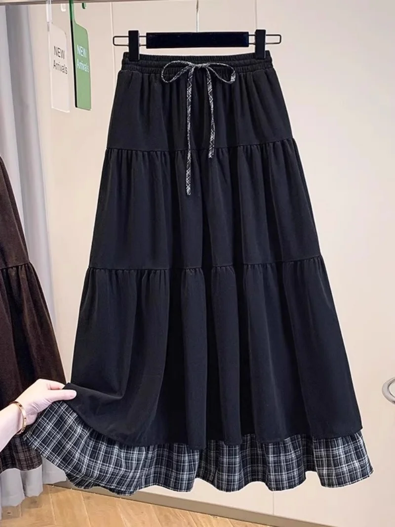 Falda falsa de dos piezas para mujer Otoño e Invierno 2025, nuevo estilo Vintage, falda acampanada con dobladillo con volantes a cuadros de talla grande W1275