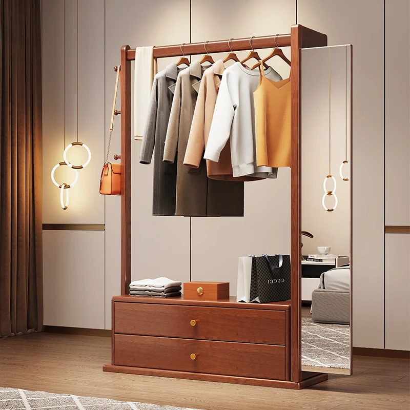 

Solid wood coat rack full-length mirror integrated floor-to-ceiling bedroom hanger full-length mirror