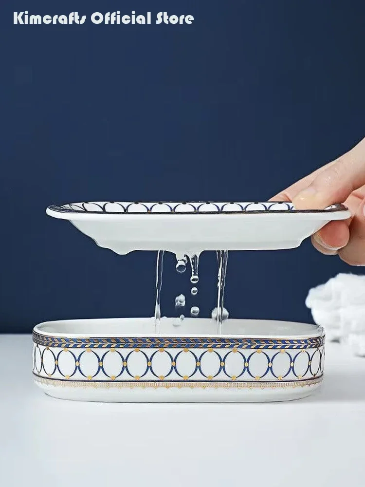 Nordic Bathroom Accessories Double Layer Holder Ceramic Tray With Drain Dish Box Luxury Dispenser
