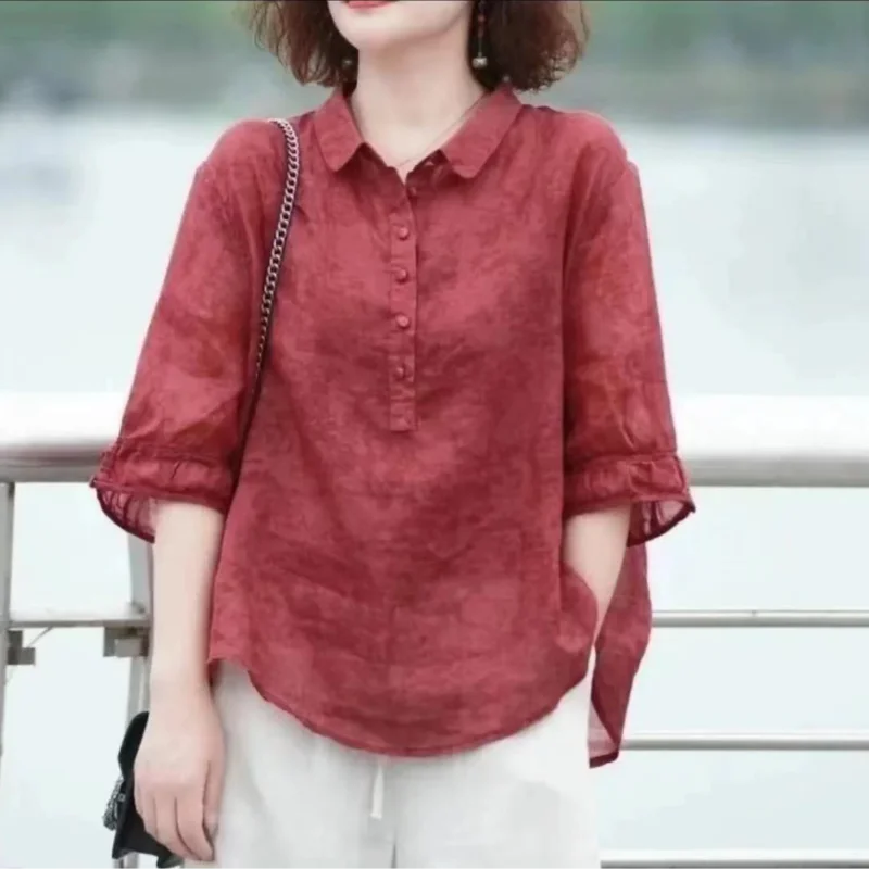 Camisa fina de meia manga feminina, lapela sólida estampada, patchwork de botões, top solto respirável, elegante, moda coreana, novo, verão, 2024