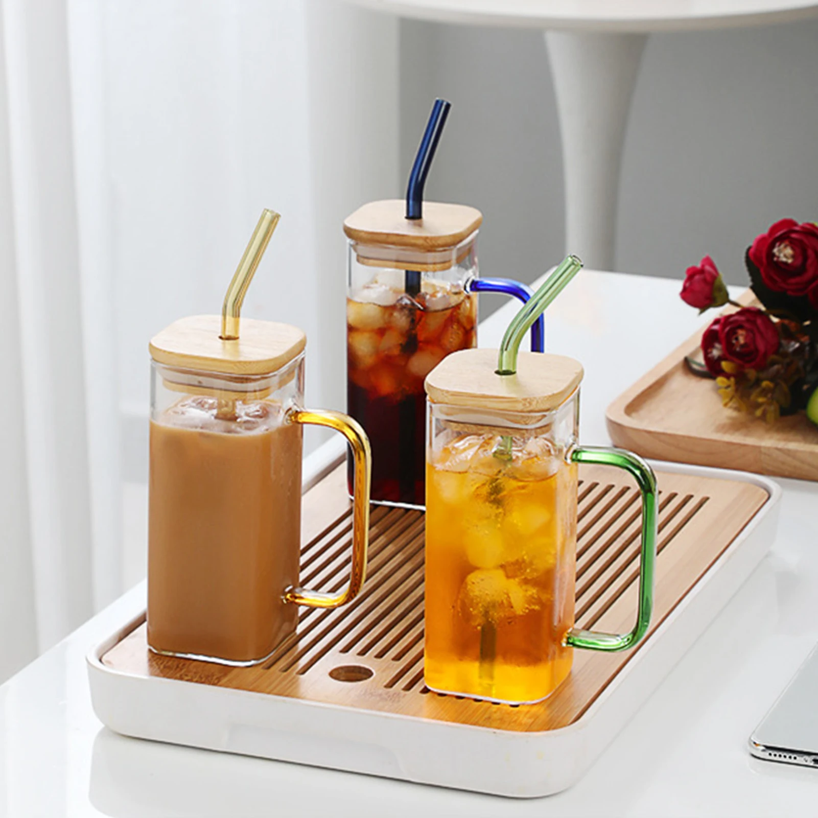 Household Square Straw Water Cup Reusable Drinking Glass Tumbler for Smoothie Iced Coffee Juice