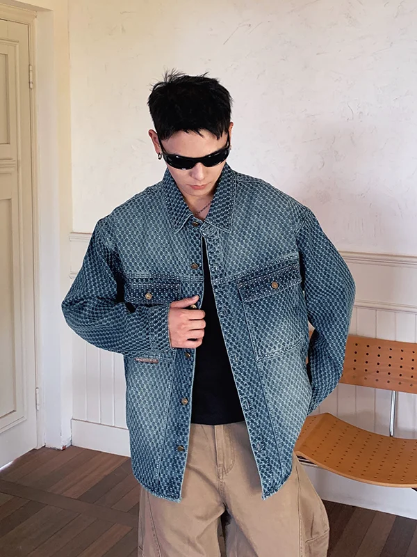 

Ретро-куртка из американского денима большого размера, синяя, мужская, свободного кроя, в стиле рабочей одежды, модная осенняя новинка, с множеством карманов