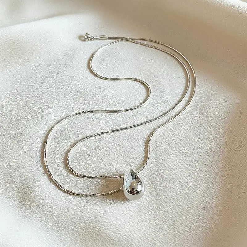 14K Gold Plated Metal Layered Necklaces Glossy Water Drop Pendant Tarnish Resistant for Women Daily Dating Wear