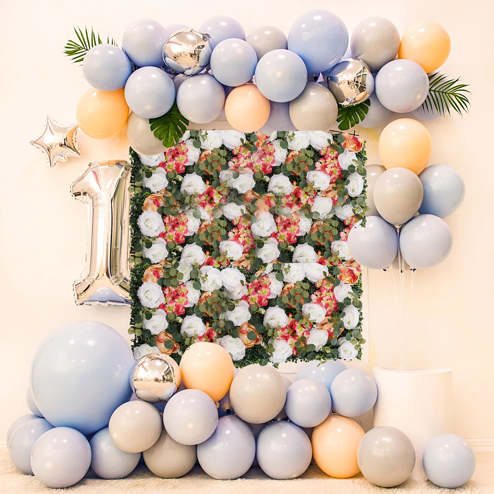 6 PCS Flower Wall Roll Up Wedding Backdrop Flora Wall,Artificial Milan White Rose for Home Outdoor Garden Decoration