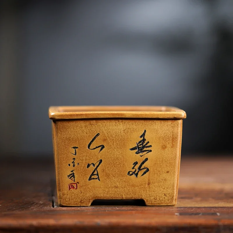 yesCeramic Square Bonsai Pot, Hamd-Carved Flower Pattern, Traditional Chinese Classical Room, Home Table, Garden Decoration