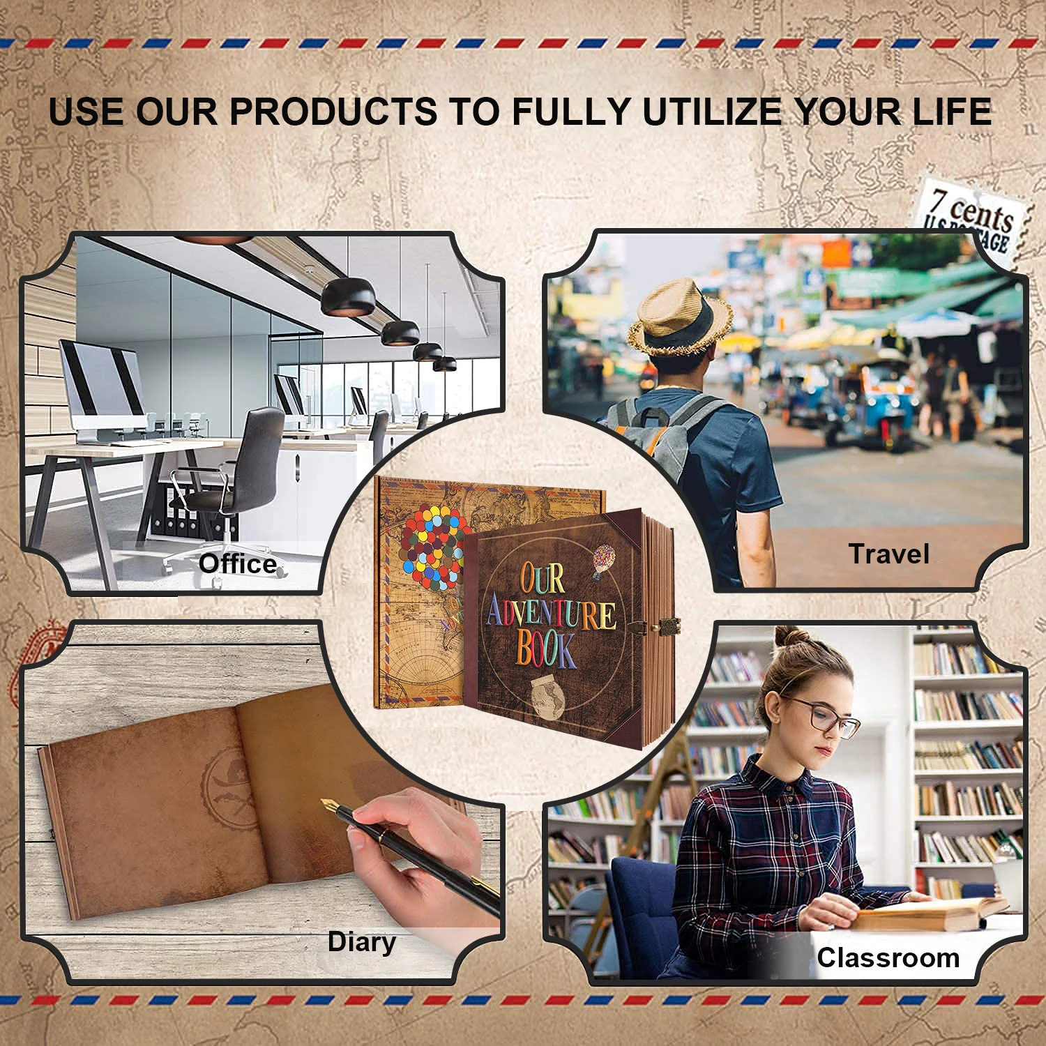 Our Adventure Journal 146page Vintage Leather DIY Scrapbook Album Balloon Text Theme for Anniversary Wedding Mother's Day Gifts image 6