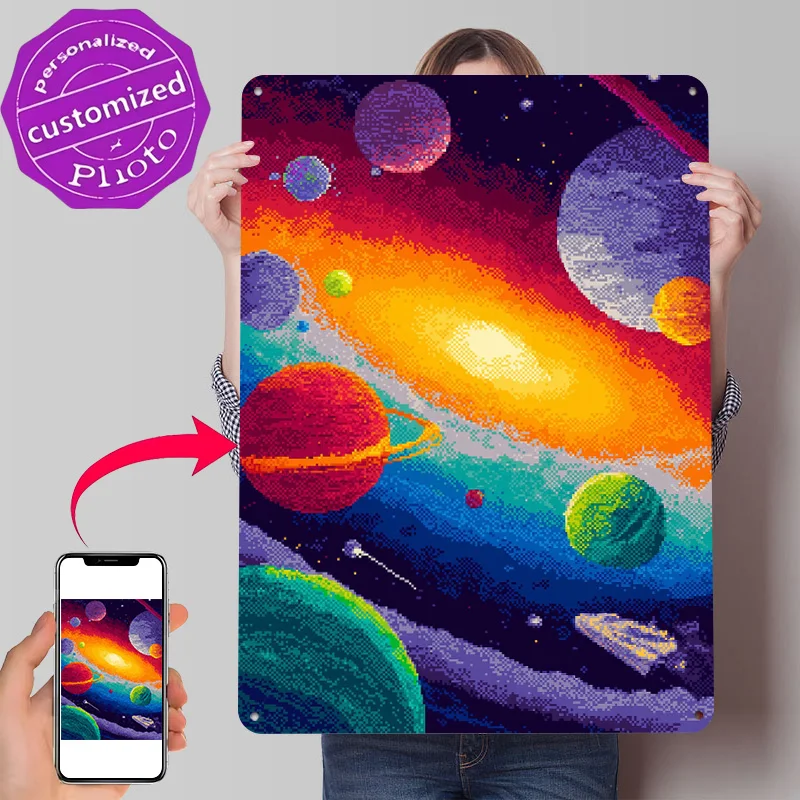 Pixel Art Space Scene Personalized 3D Textured Metal Poster Wall Art Tinplate Sign for Home Decor Living Room Decoration Gaming