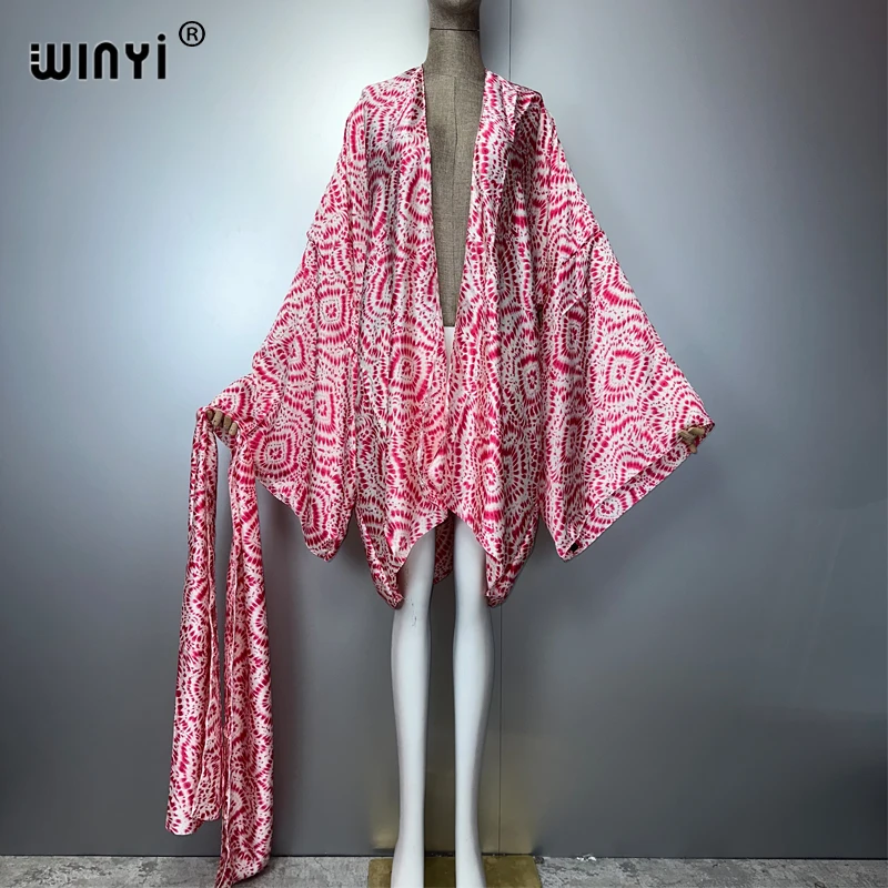 WINYI, trajes de playa tipo kimono con tinte anudado, traje de baño para mujer, cárdigan bohemio, punto, cinturón automático, abrigo estampado de manga larga para vacaciones