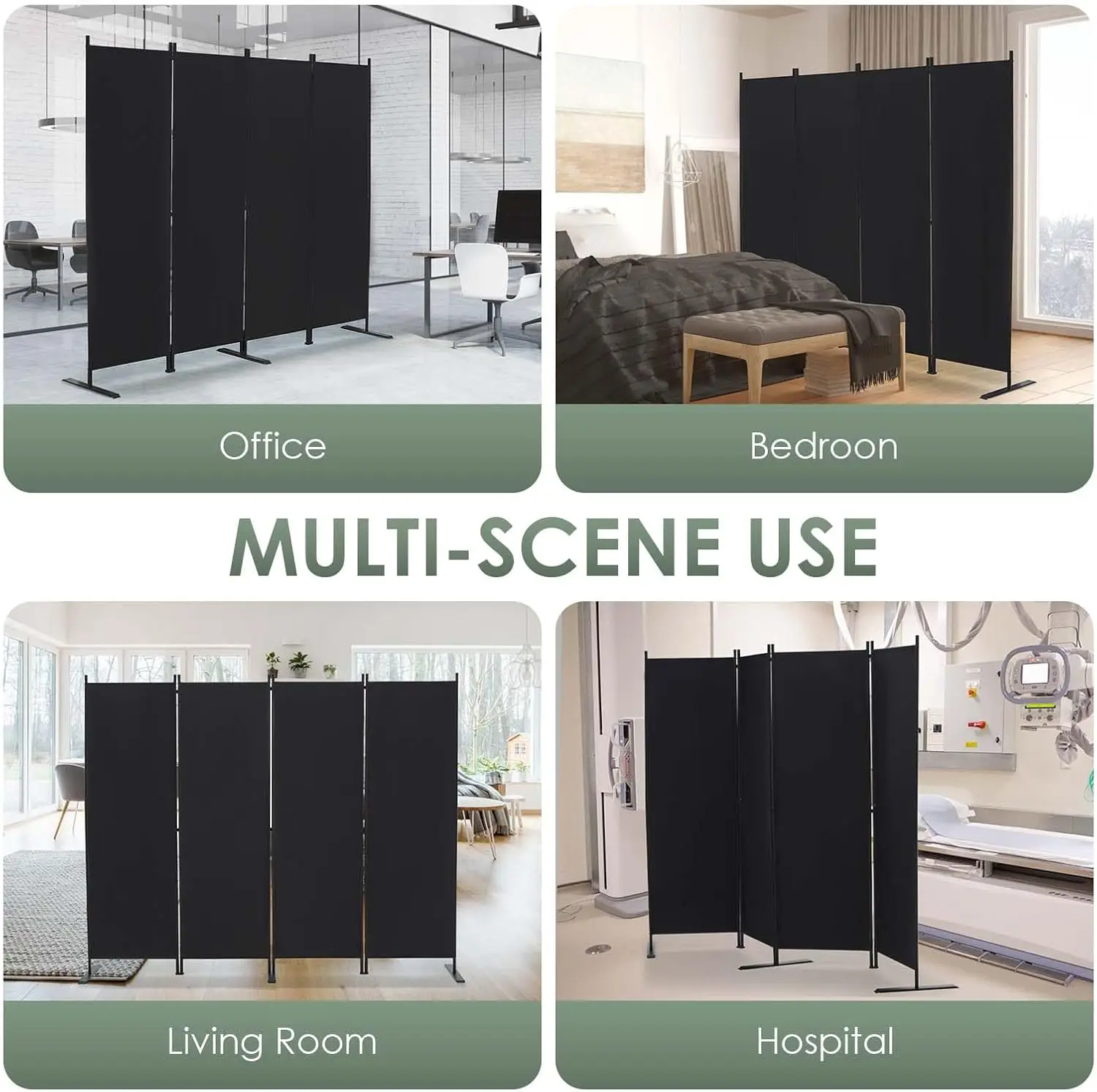 6 FT Folding Privacy Screen with Wide Feet, Freestanding Partition for Room Separation, Portable Panel, Black