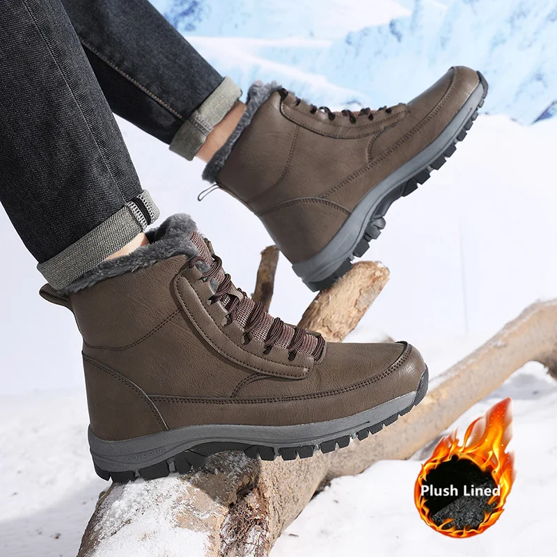 Herren-Winterstiefel, warme, mit Plüsch gefütterte Stiefeletten, rutschfeste Outdoor-Wanderschuhe, Arbeitsschuhe, Schnürstiefel, hohe Lederstiefel. – Detail 12