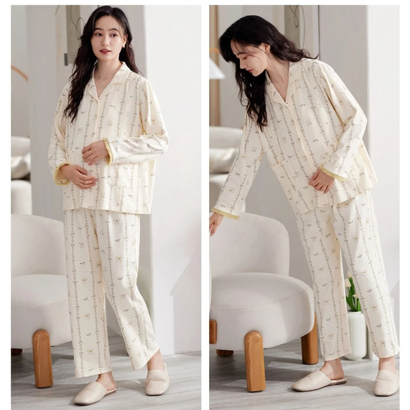 Maternity Women Pajamas Set Pregnant Pure Cotton Breastfeeding Loungewear Sweet Long Sleeve Trousers Cardigan 2 Piece Set Pjs view 6
