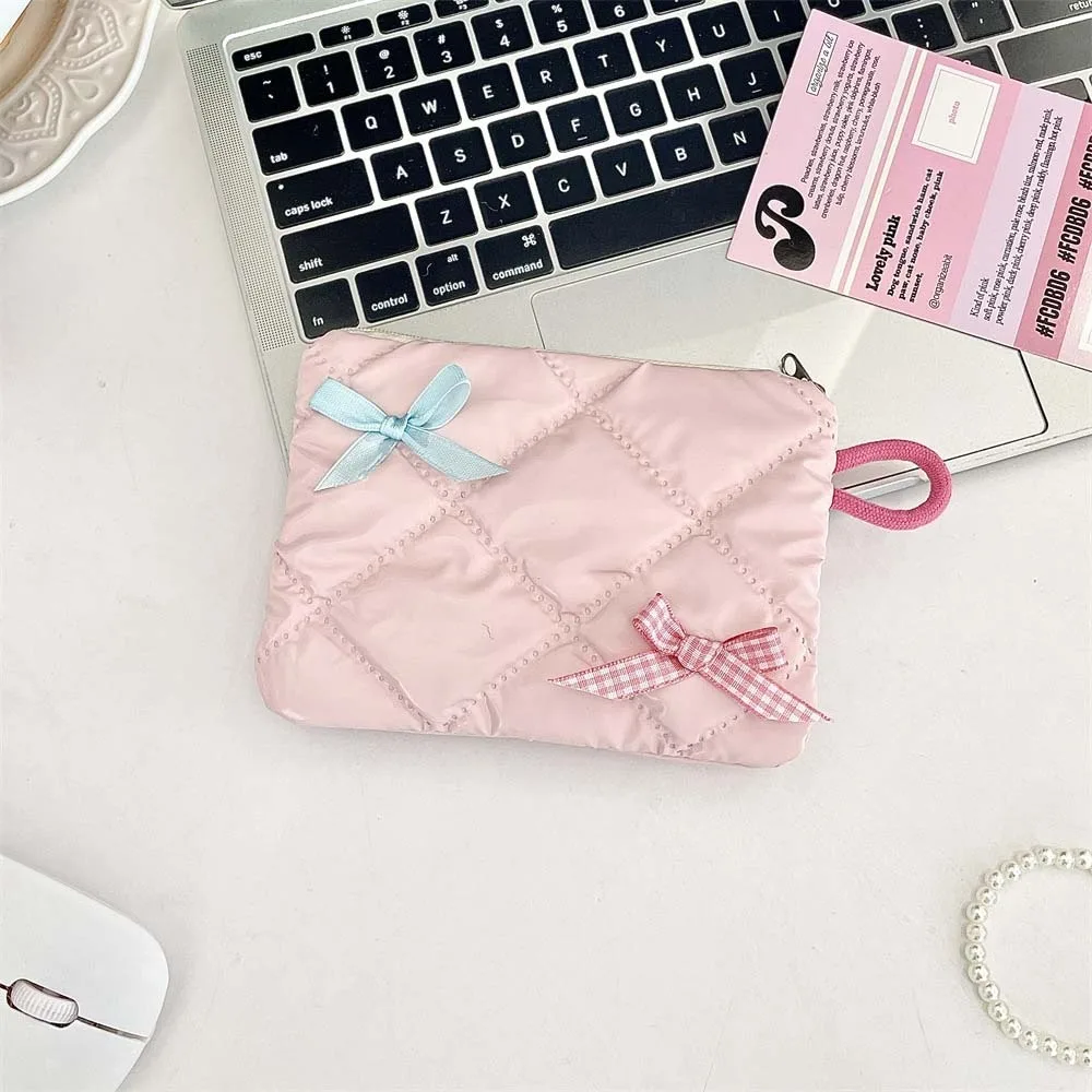 2pcs/set Single Layer Mini Tampon Storage Bag Sewn Plaid Bow Cotton Storage Wallet Candy Color Soft Make Up Pouch Bag School