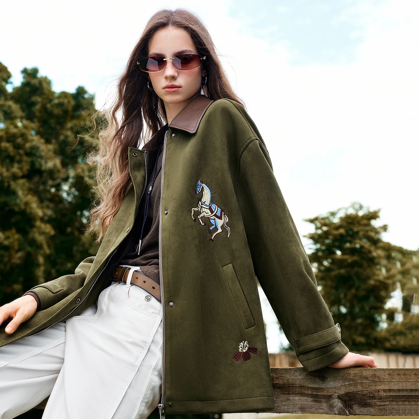 TOYOUTH Women Jacket 2026 Autumn New Suede Velvet Urban Nomadic Style Embroidery Patchwork Leather Lapel Loose Cargo Outerwear