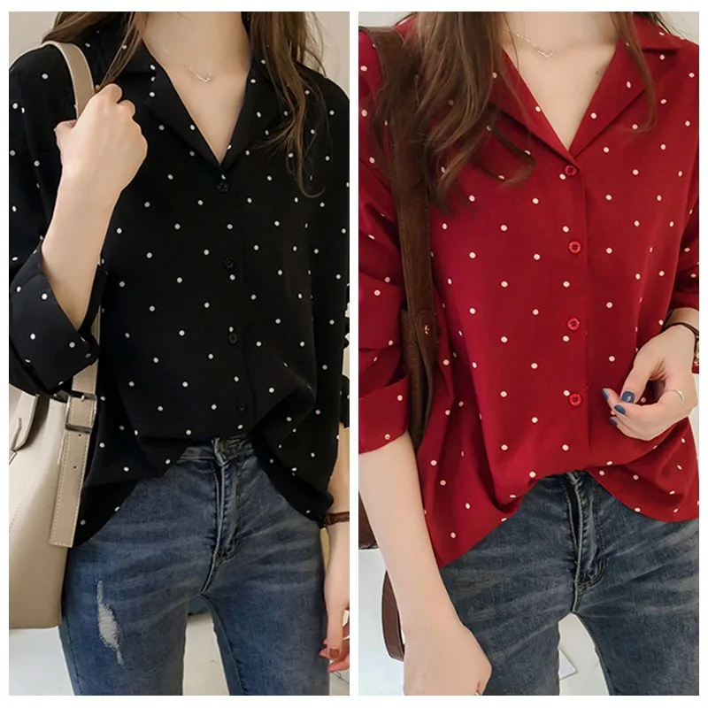 Dot Print Button Turn-down Collar Long Sleeve Women\'s Chiffon Blouse Fashion And Elegant Versatile Shirt