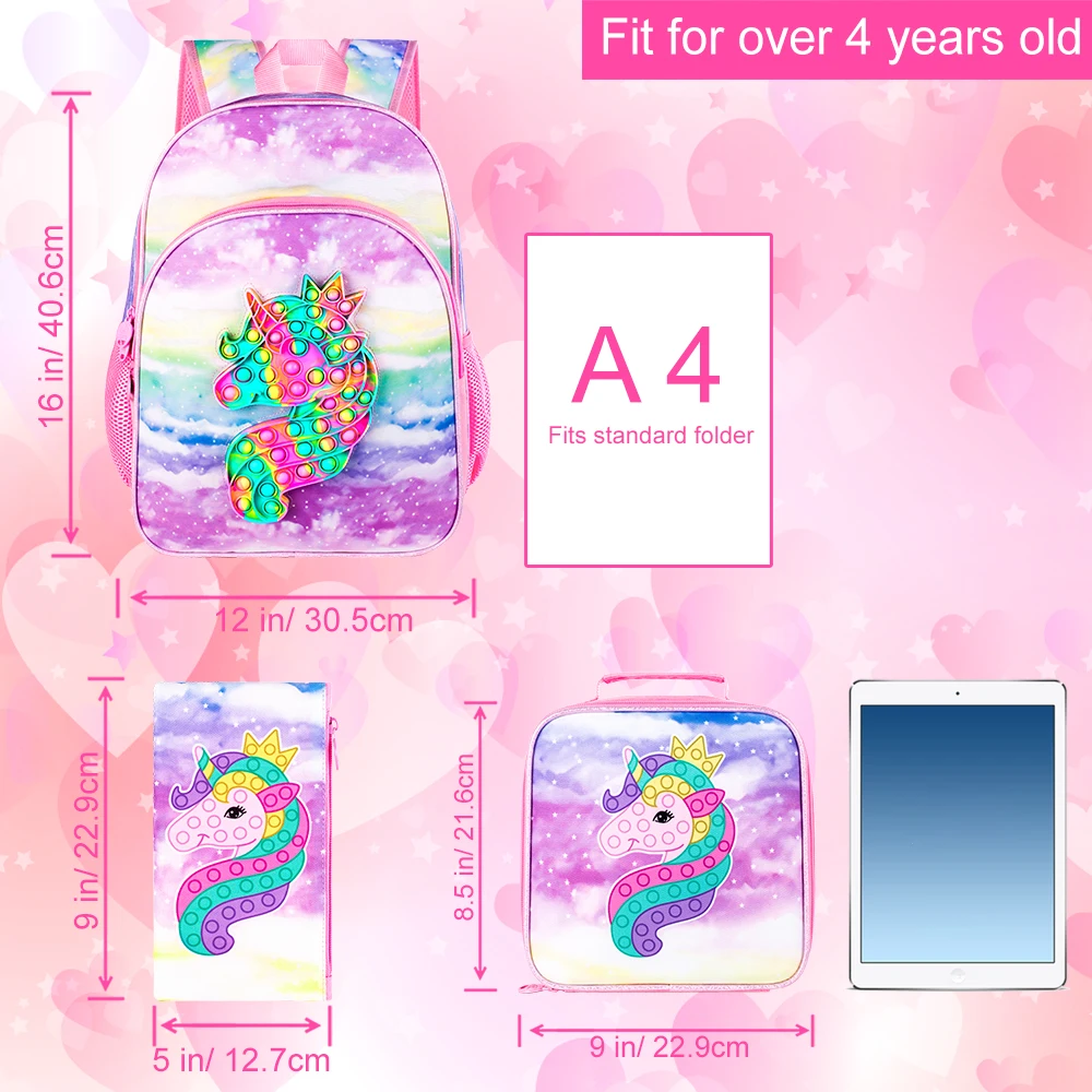 Girls Backpack, 16 Kids Unicorn Mermaid Dinosaur Preschool Bookbag and Lunch Box Set