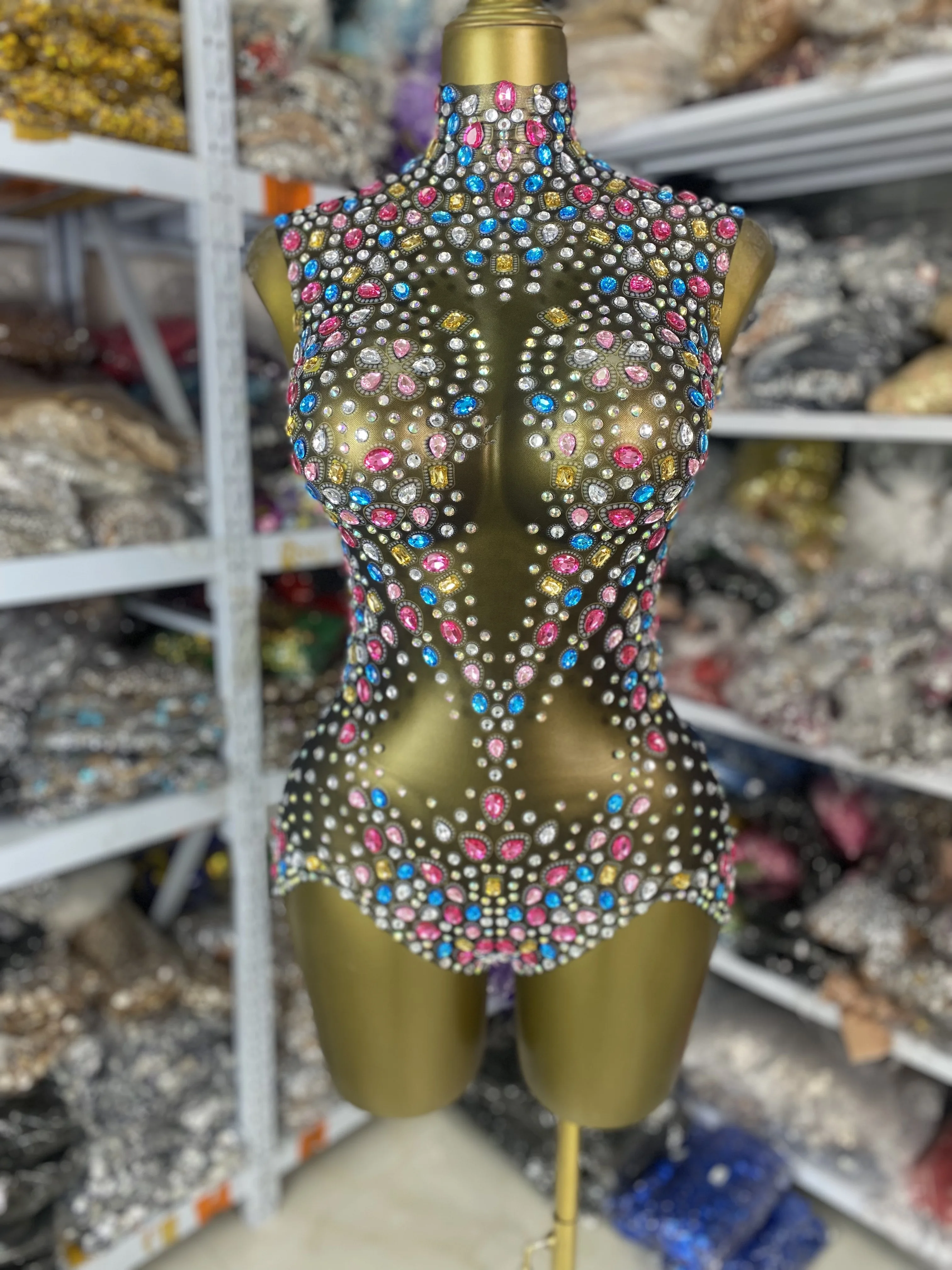 

Colorful Rhinestones Mesh Transparent Bodysuits Women Rhythmic Gymnastics Leotards Evening Club Nightbar Dj Gogo Dress Wholesale