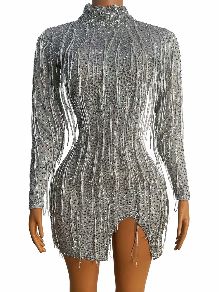 실버 라인 석 프린지 드레스 탄성 Wap 엉덩이 섹시한 짧은 드레스 나이트 클럽 댄스 의상 여성 고고 가수 이브닝 드레스 yj035