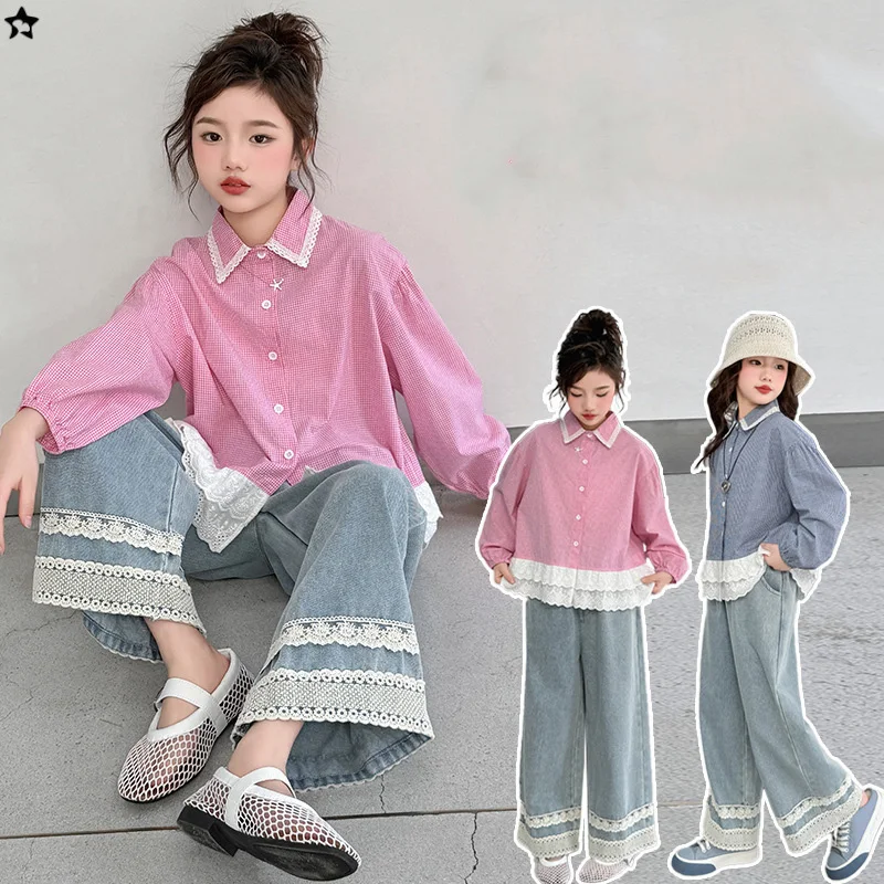 

Children Girl Autumn Korean Set Turn Down Collar Single-breasted Top+Straight-leg Jean 2pcs Suits Lace Splicing Kid Girl Outfit