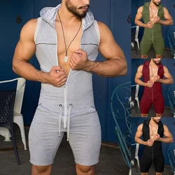 New Mens Hooded Sexy Jumpsuit Casual Sports Jumpsuit Men Fashion Skinny Shorts Pants Summer Solid Color Szie Men Clothing