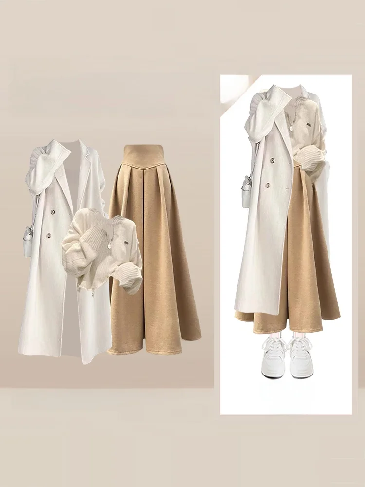 

Осень-зима женское шерстяное пальто средней длины с высокой талией круглый вязаный свитер комплект повседневная универсальная юбка