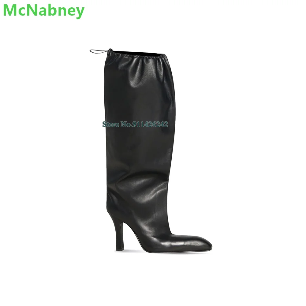 

Black Elastic Strap Leather Boots For Female Women 2024 New Luxury Designer Square Toe Thin High Heel Fashion Runway Shoes
