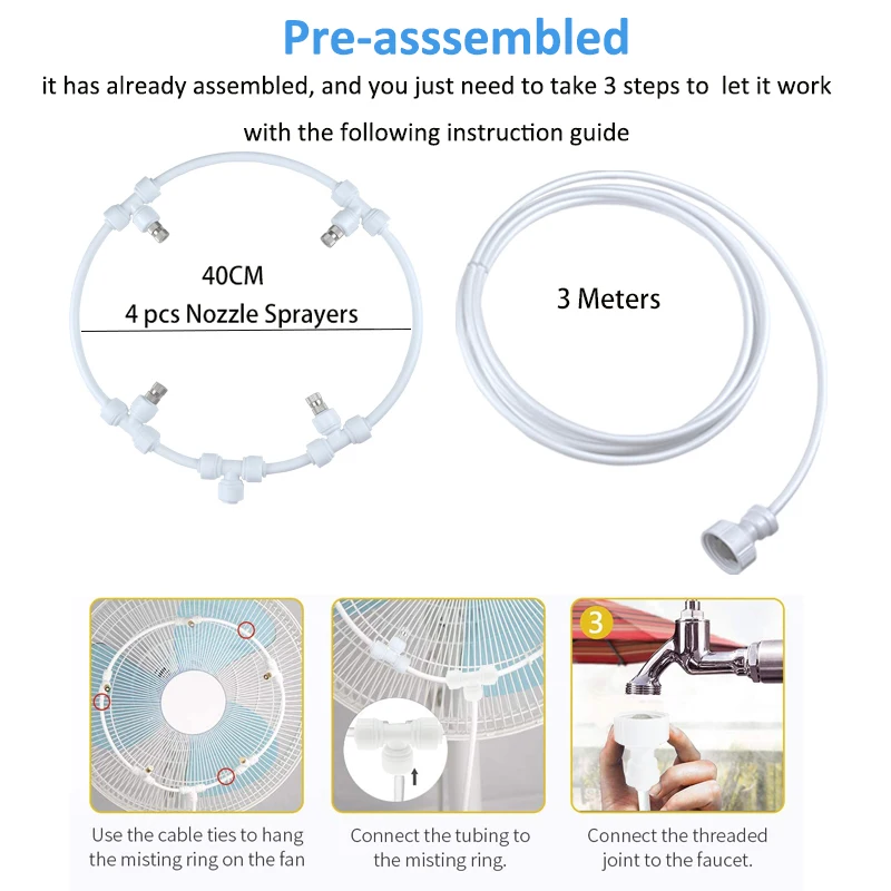 

White Fogger Ring for Fan - Misting Cooling System with 4 Brass Slip Lock Nozzles, 1pc 3/4" Plastic Connector, Ideal for Summer