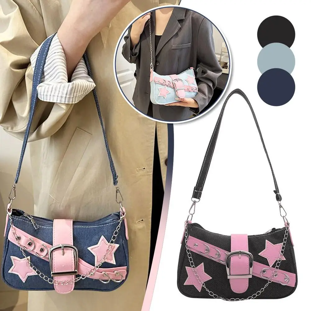 Y2k Fashion Women's Handbags Stars Pattern Cool Girls Underarm Bag Fashion Female Small Shoulder Bags Chain Tote Purses