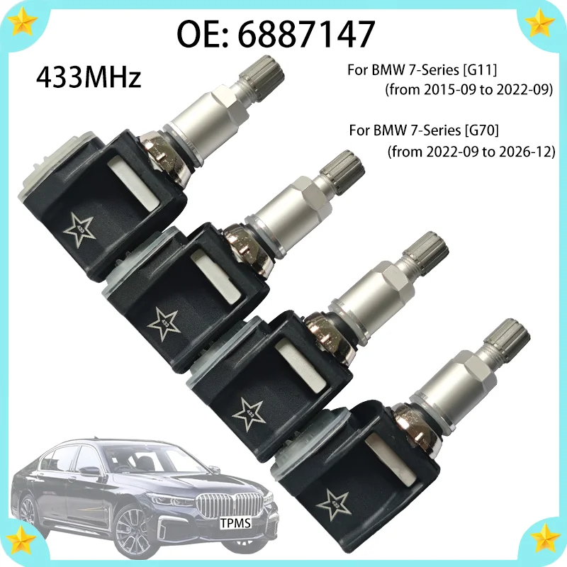 4PCS 433MHZ Tire Pressure Sensor For BMW 7-Series (from 2015-09 to 2026-12) Car TPMS 6887147 6887140 6872774 6872803 6877937