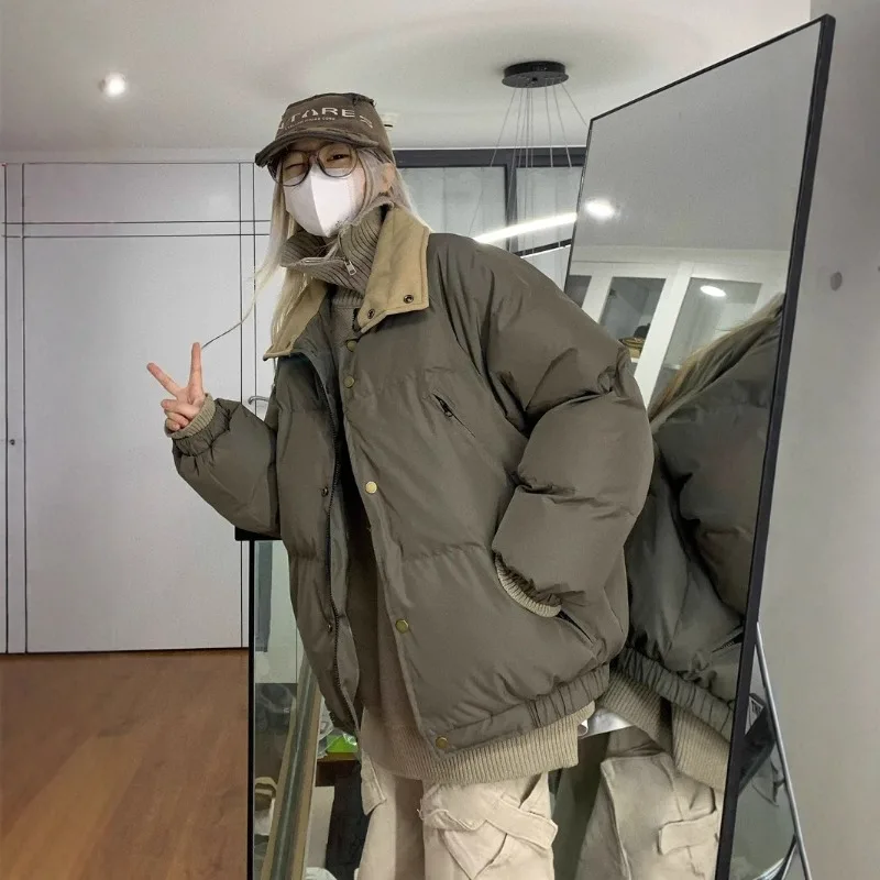 

Зимняя хлопковая куртка с несколькими карманами и воротником в американском стиле ретро для женщин, простой дизайн, толстые парки для пар, женская одежда