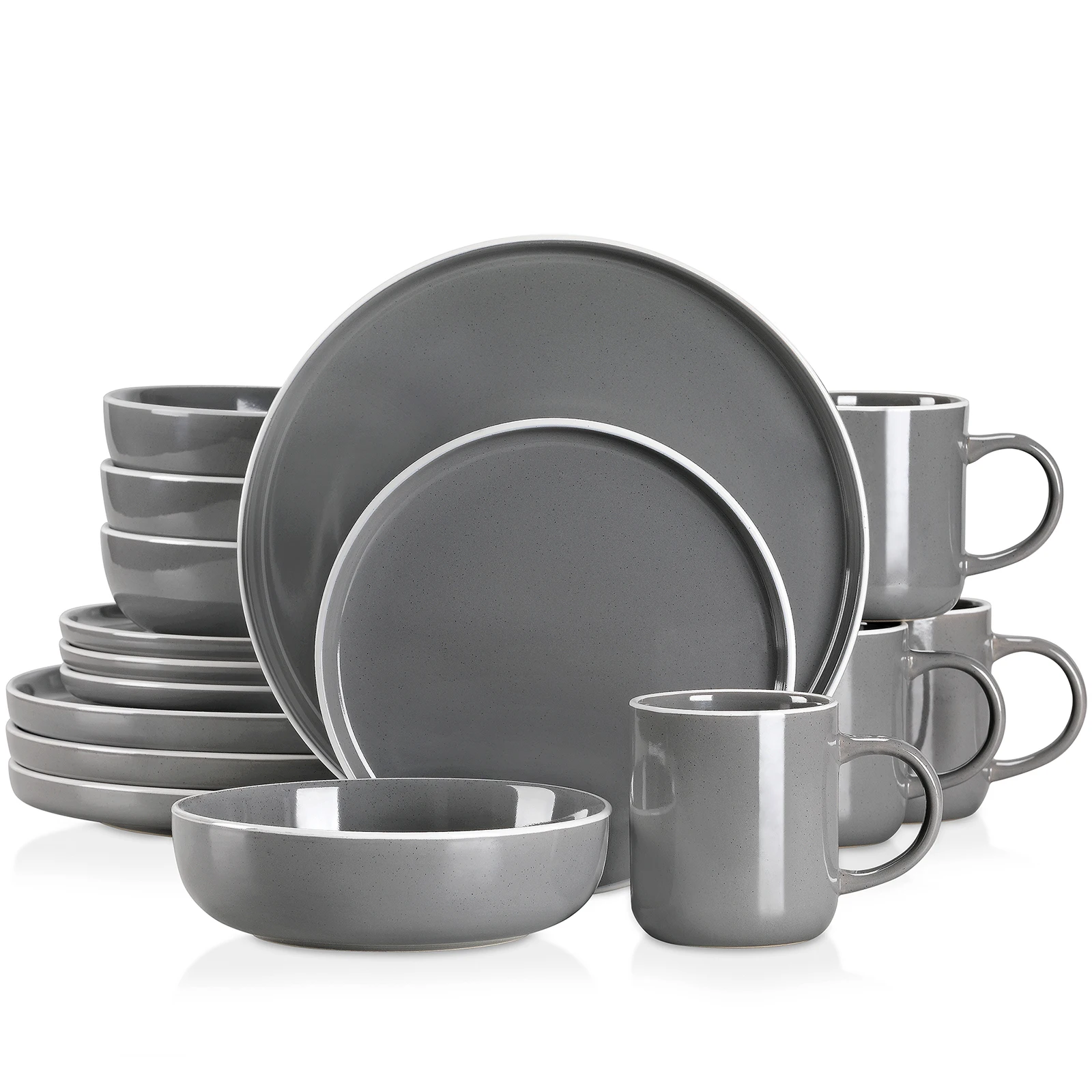 Vancasso SESAM 16/32/48 Piece Grey Stoneware Set Sesame Glaze Ceramic Dinnerware Set with 4 Dinner/Dessert Plate/Soup Bowl/Mug