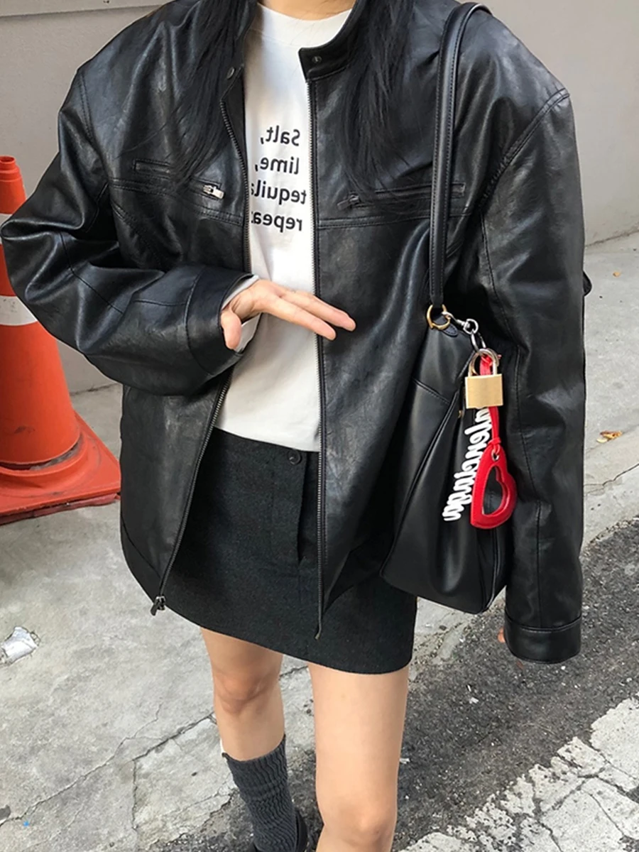 루즈핏 롱 슬리브 스탠드 칼라 가죽 재킷 여성 심플 디자인 동대문 신상 슬레 PU 가죽 코트 여성 아우터