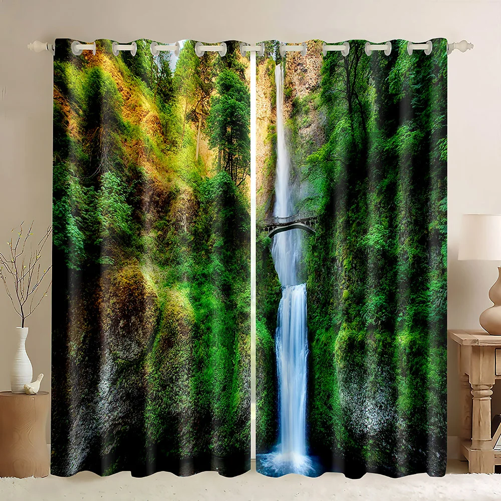 

Waterfall Blackout Curtains, 3D Nature Scenery Forest Tree Print Window Curtains Fairyland Rainforest Scenery Window Curtain