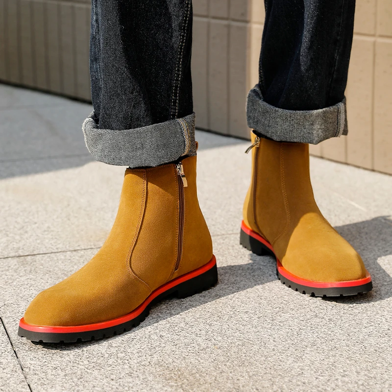 Fashion Side Pulled Chelsea Boots Brand Cowhide Leather High Top Men's Boots British Style Thick Soled Comfortable Travel Boots