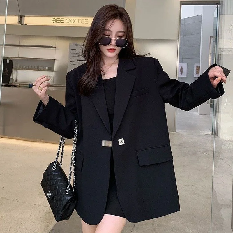 

Spring Autumn Women's Blazer Coat Korean Casual Back Split Suit Jacket Metal Buckle Loose Long Sleeve Outerwear Female