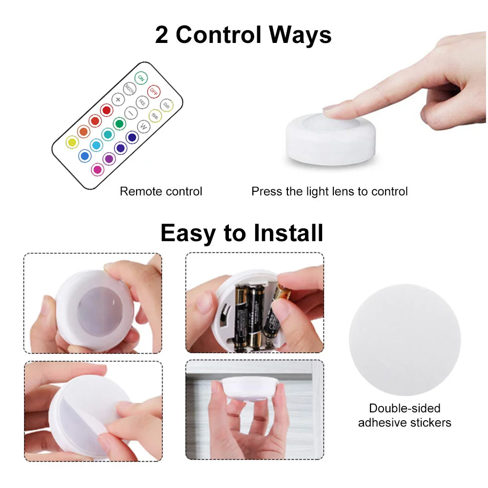 Wireless RGB RGBW LED Puck Light with Remote Control Under Cabinet Closet Light Stick On Lights For Kitchen Wall Wardrobe