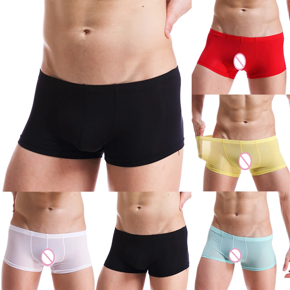 Men Trunk Ice Silk Low Waisted Briefs See Through Underwear Mesh Ultra Thin Bikini Underpants Shorts